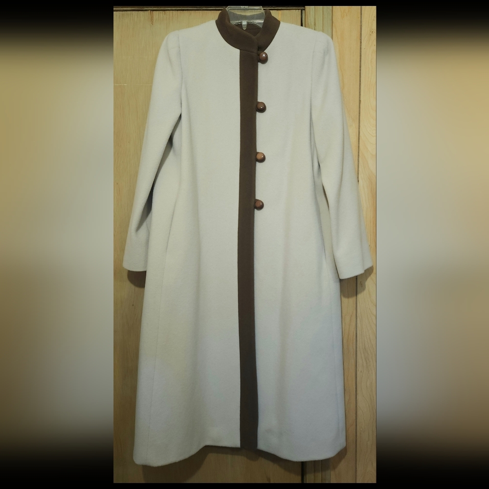 Vintage Arista Wool Coat Womens Sm/ Med Full Length Beige Brown Trim